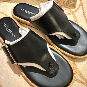 Kelsi Dagger Black Leather Cork-Trim Thong Sandals with Silver Buckle